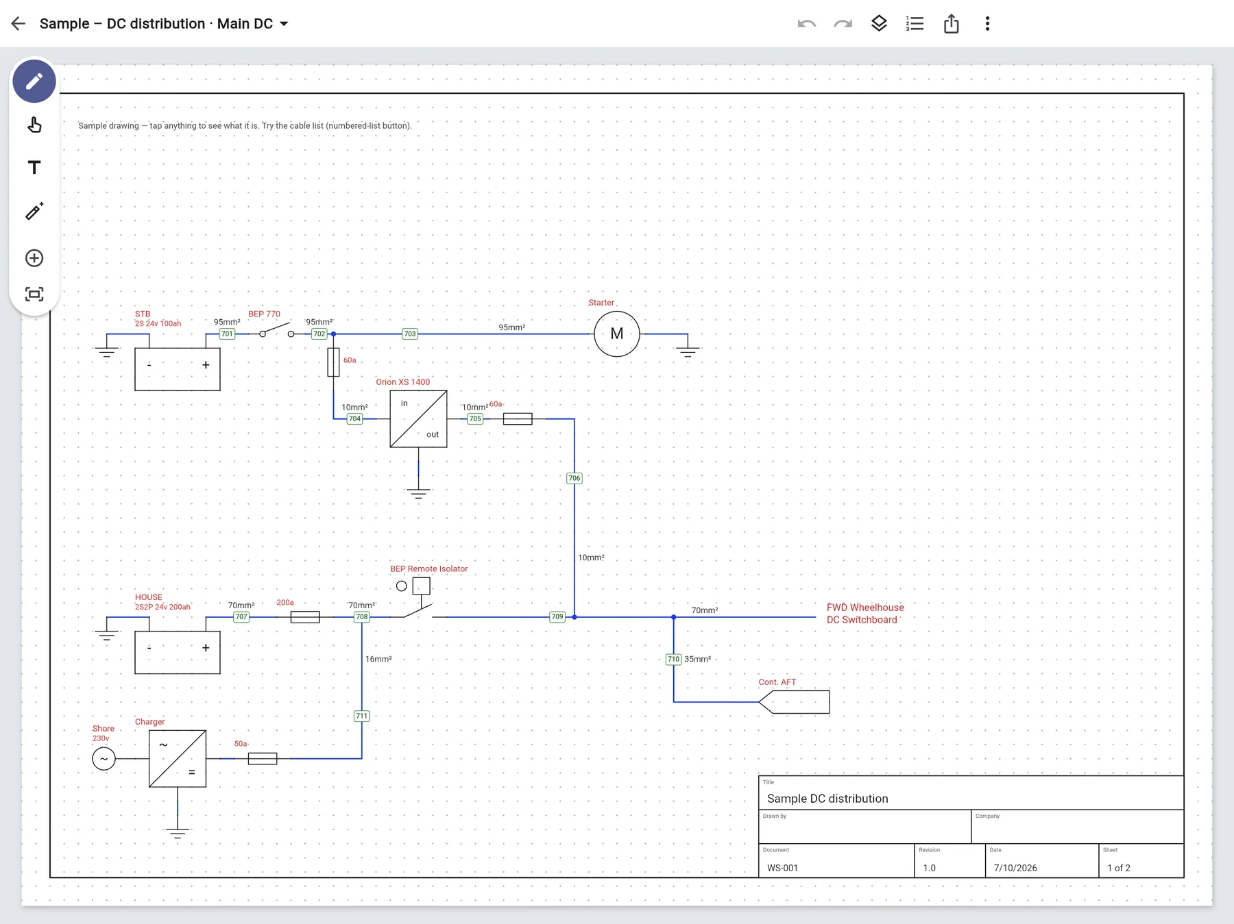 DrawWire on iPad showing a DC distribution drawing: start and house battery banks, a BEP isolator, an Orion DC-DC charger, fuses and a starter motor, with numbered cables 701 to 711 and a title block.